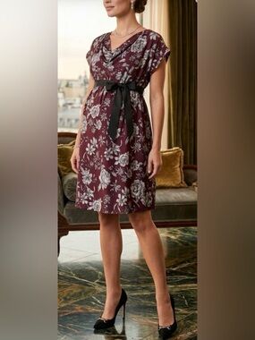 Motherhood Maternity Burgundy Floral Dress with Black Accents